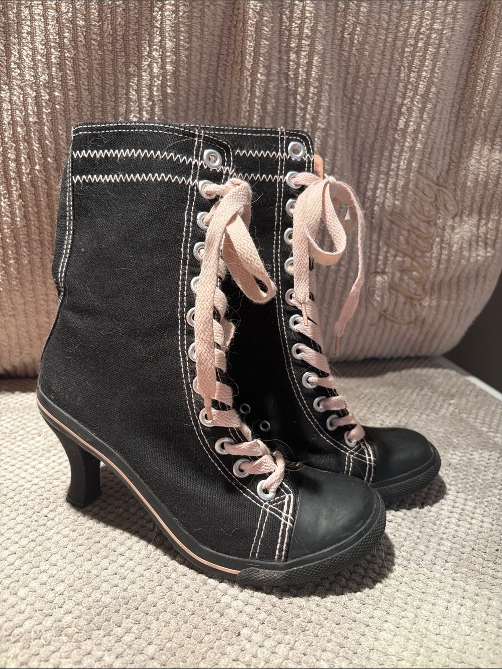 Soda Black Canvas Lace-Up Heeled Boots with Pink Laces